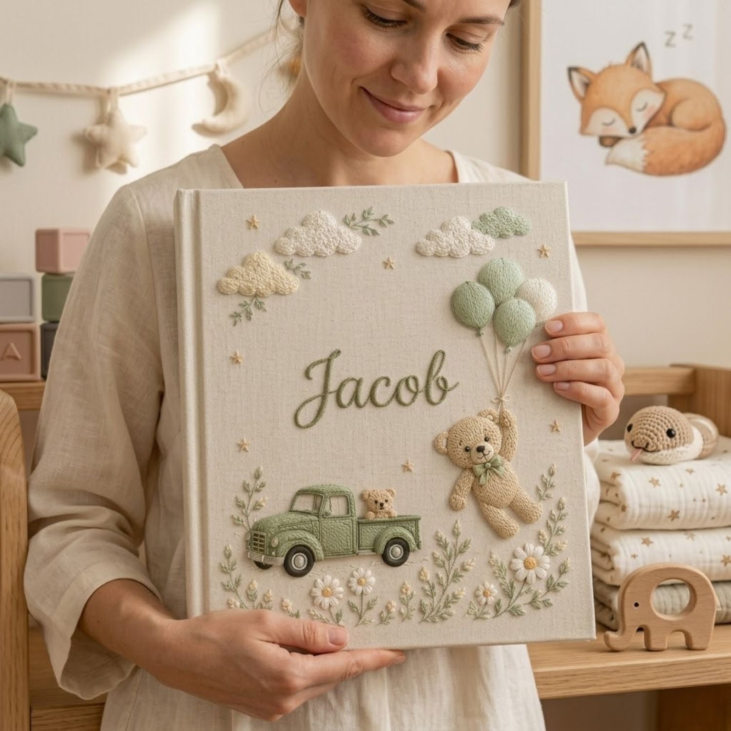 Personalized Baby Photo Album, Hand Embroidered Dinosaur Memory Book, Custom Name Keepsake, Woodland Nursery Gift, Newborn, Baby Shower Gift