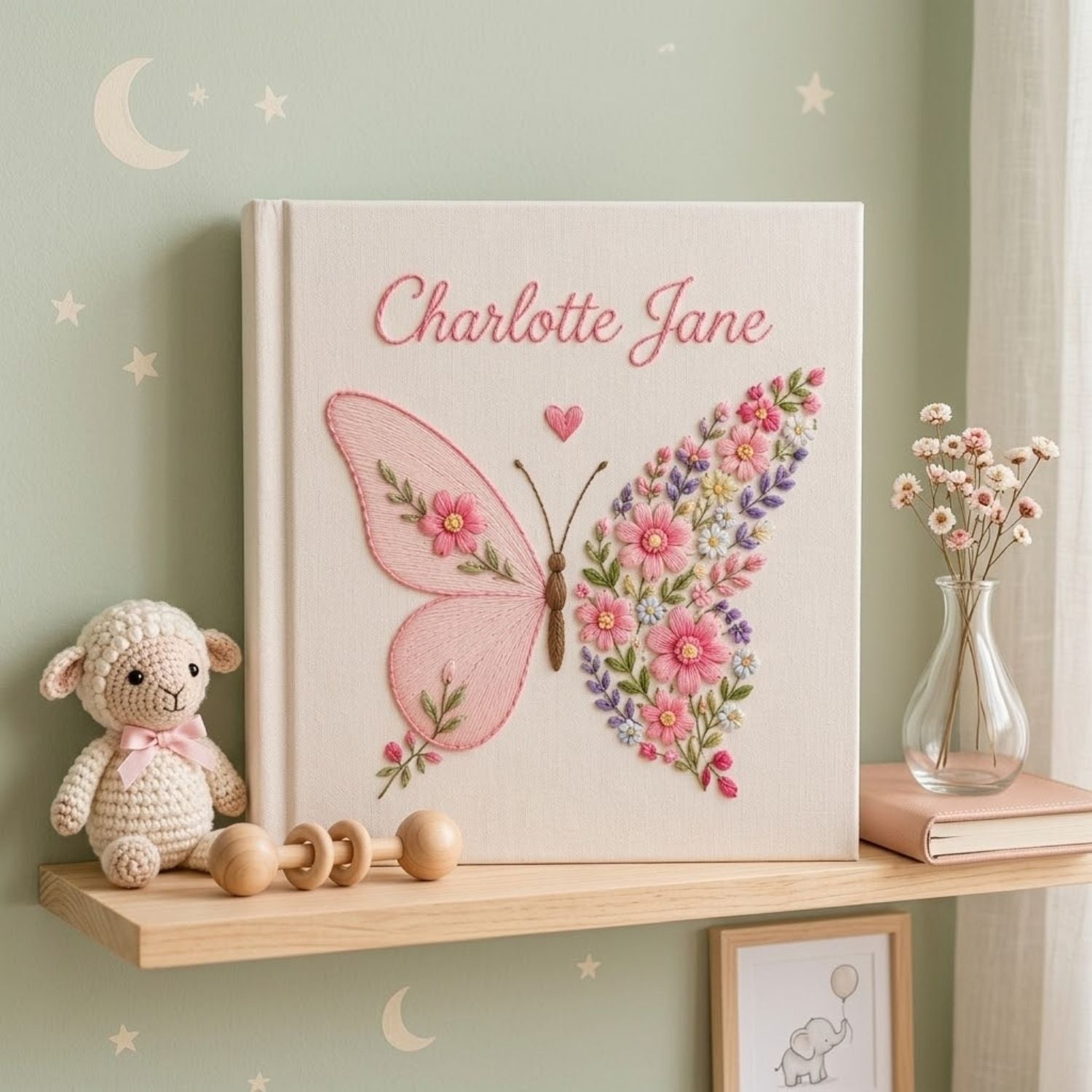 Personalized Baby Photo Album, Hand Embroidered Dinosaur Memory Book, Custom Name Keepsake, Woodland Nursery Gift, Newborn, Baby Shower Gift