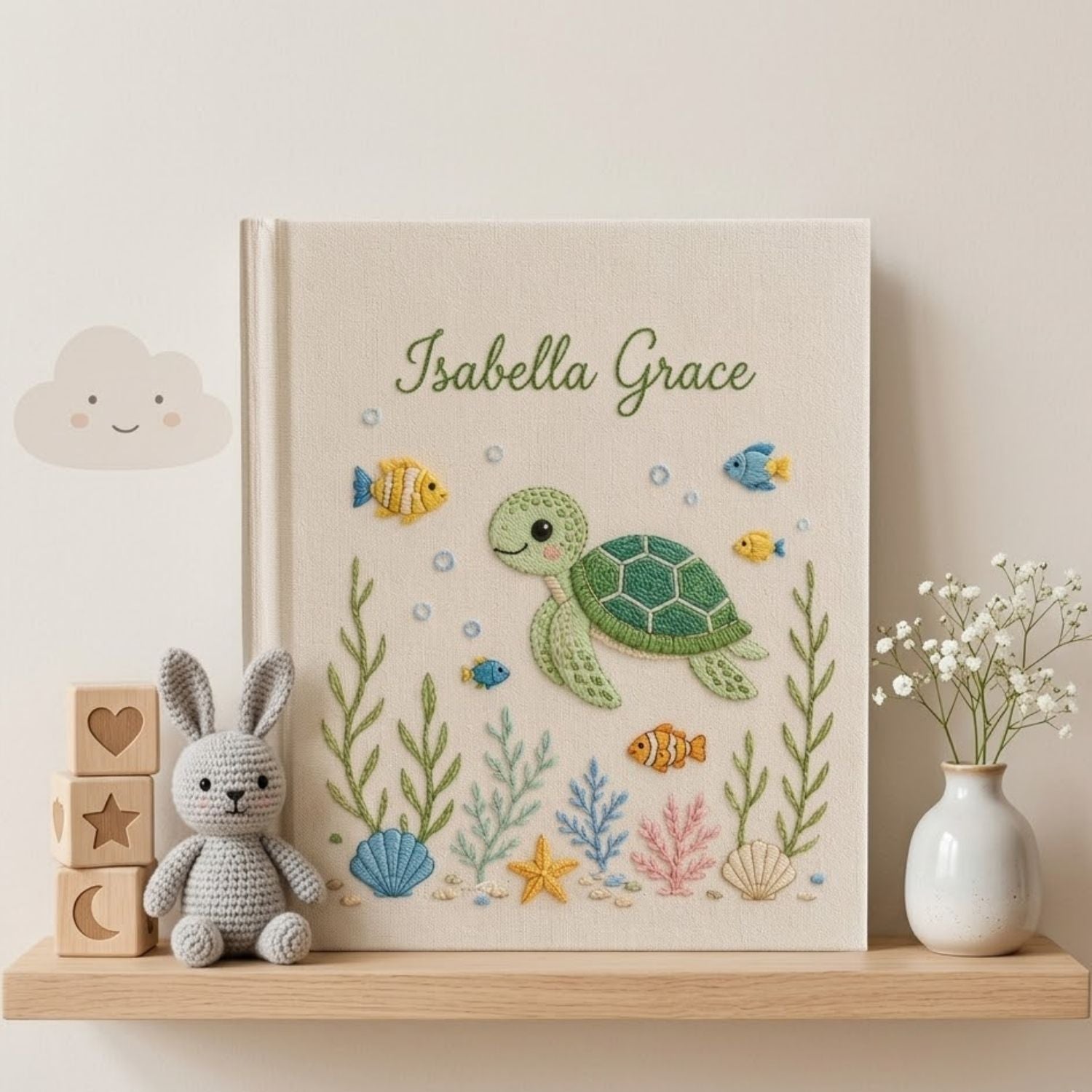 Personalized Baby Photo Album, Hand Embroidered Dinosaur Memory Book, Custom Name Keepsake, Woodland Nursery Gift, Newborn, Baby Shower Gift