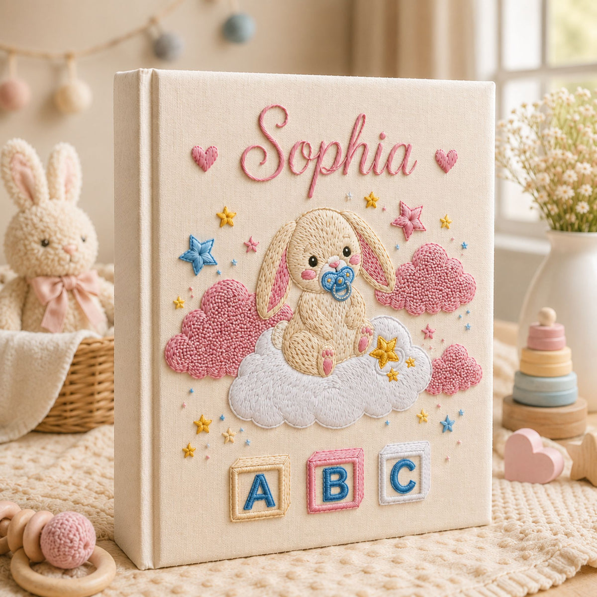 Hand Embroidered Bunny Baby Photo Album, Bunny Clouds Stars and ABC Blocks, Custom Baby Girl Memory Book Keepsake, Newborn Album Gift