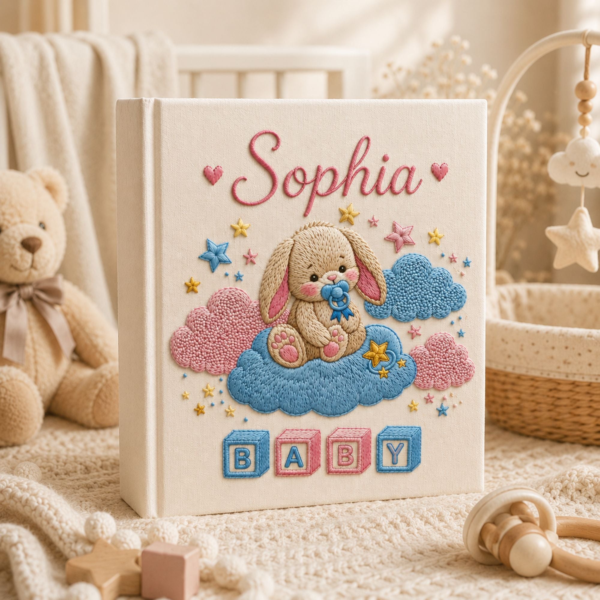 Hand Embroidered Bunny Baby Photo Album, Bunny Clouds Stars and ABC Blocks, Custom Baby Girl Memory Book Keepsake, Newborn Album Gift