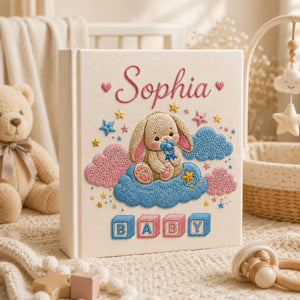 Hand Embroidered Bunny Baby Photo Album, Bunny Clouds Stars and ABC Blocks, Custom Baby Girl Memory Book Keepsake, Newborn Album Gift