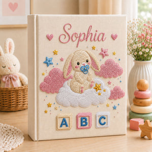 Hand Embroidered Bunny Baby Photo Album, Bunny Clouds Stars and ABC Blocks, Custom Baby Girl Memory Book Keepsake, Newborn Album Gift