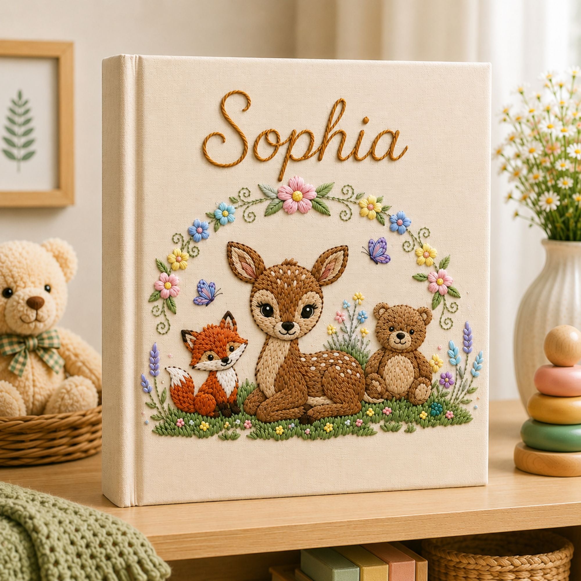 Hand Embroidered Woodland Animal Baby Photo Album, Custom Forest Nursery Animal Linen Memory Book Keepsake, Newborn Gift, Unique Photo Album