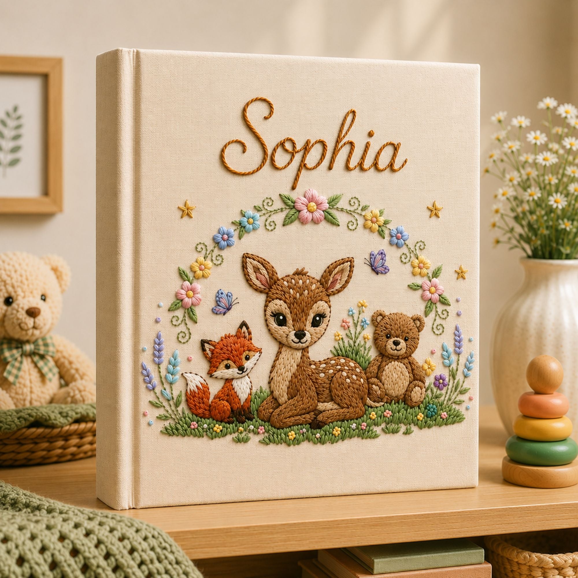 Hand Embroidered Woodland Animal Baby Photo Album, Custom Forest Nursery Animal Linen Memory Book Keepsake, Newborn Gift, Unique Photo Album