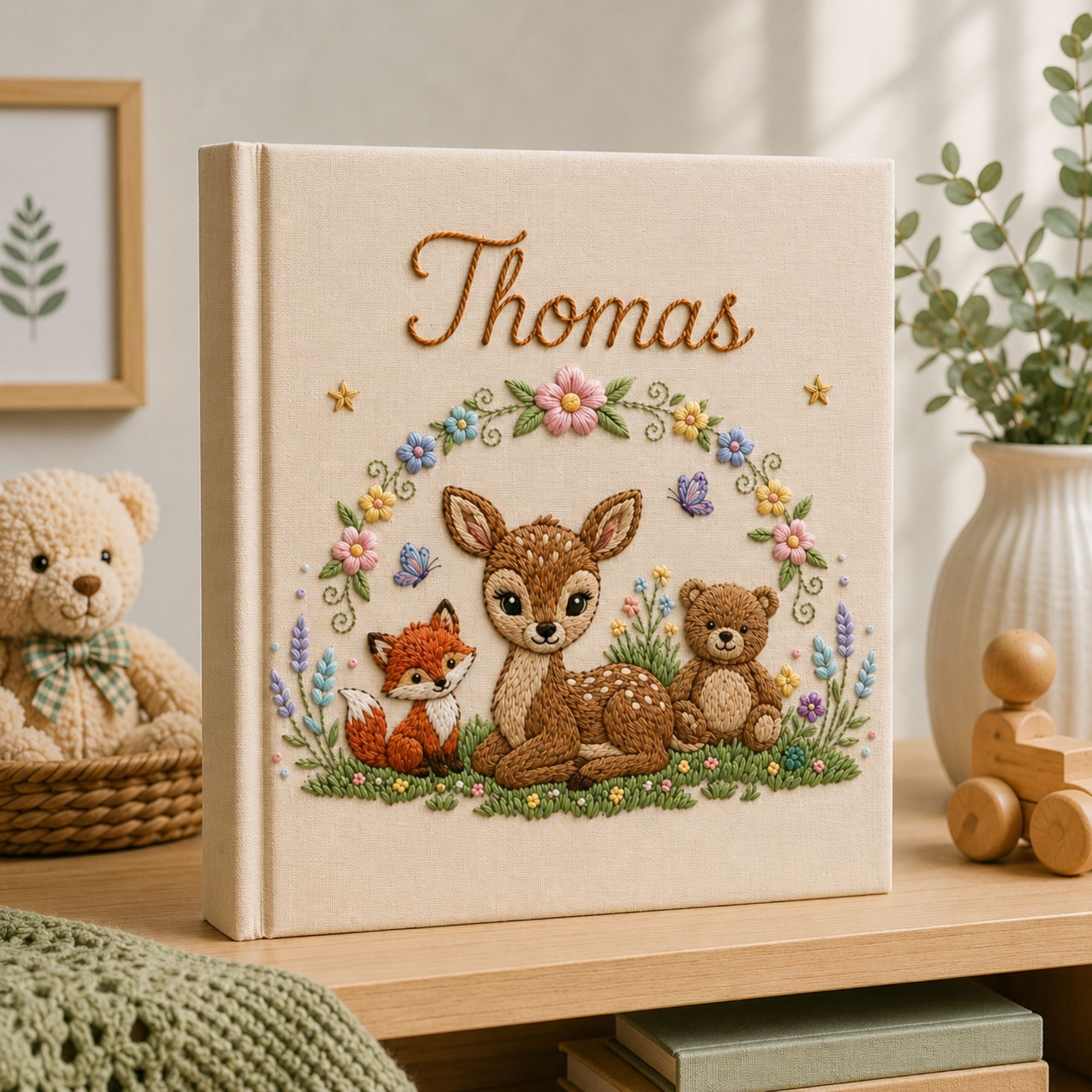 Hand Embroidered Woodland Animal Baby Photo Album, Custom Forest Nursery Animal Linen Memory Book Keepsake, Newborn Gift, Unique Photo Album