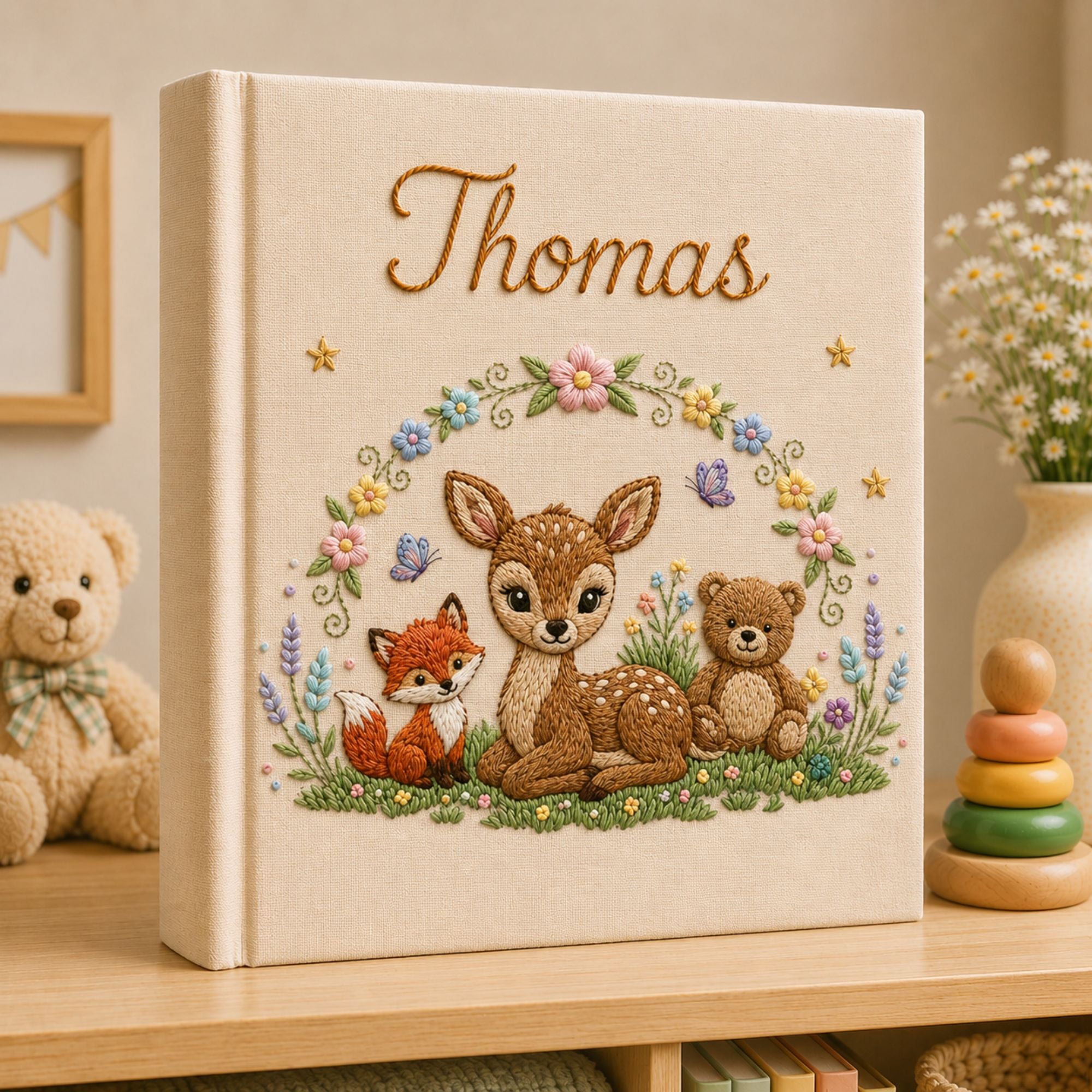 Hand Embroidered Woodland Animal Baby Photo Album, Custom Forest Nursery Animal Linen Memory Book Keepsake, Newborn Gift, Unique Photo Album