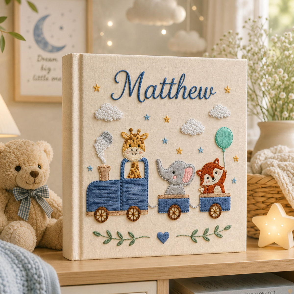 Hand Embroidered Safari Train Baby Photo Album, Linen Keepsake Baby Memory Book, Custom Newborn Airplane Baby Photo Album, Baby Shower Gift