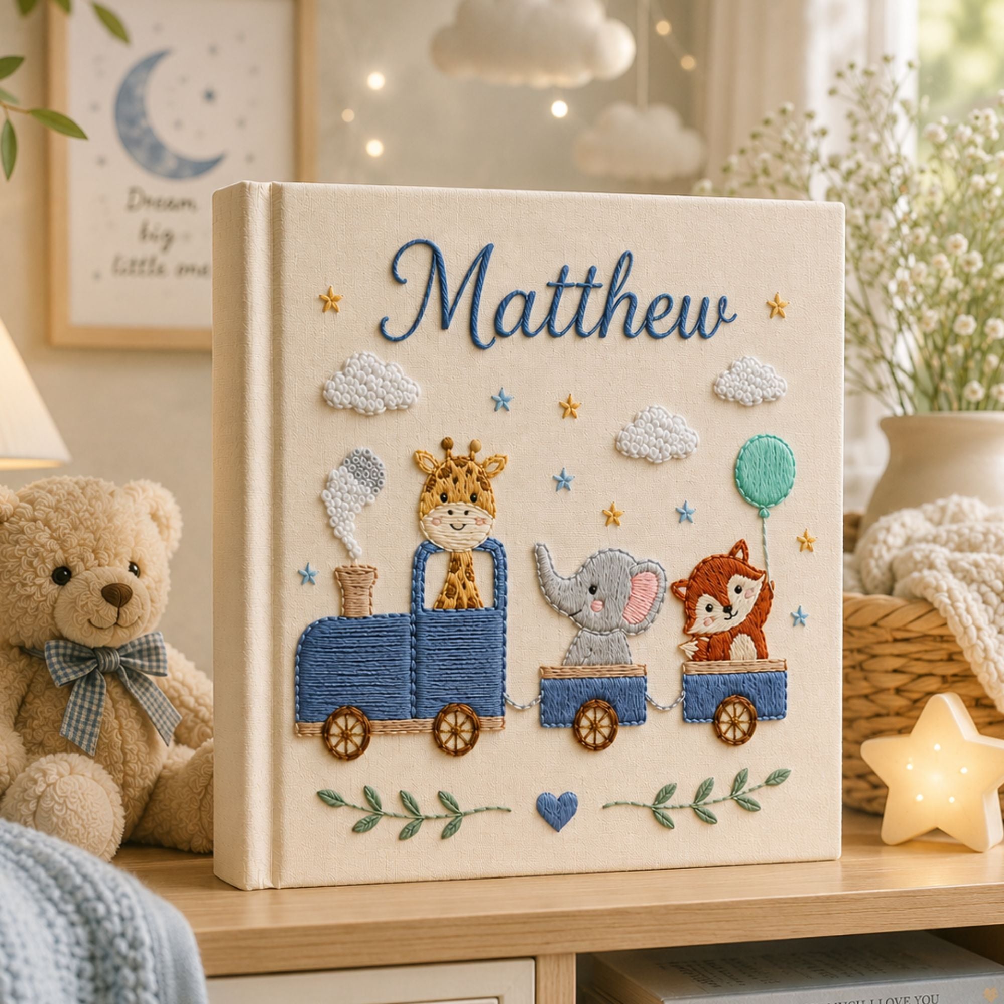 Hand Embroidered Safari Train Baby Photo Album, Linen Keepsake Baby Memory Book, Custom Newborn Airplane Baby Photo Album, Baby Shower Gift