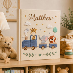 Hand Embroidered Safari Train Baby Photo Album, Linen Keepsake Baby Memory Book, Custom Newborn Airplane Baby Photo Album, Baby Shower Gift