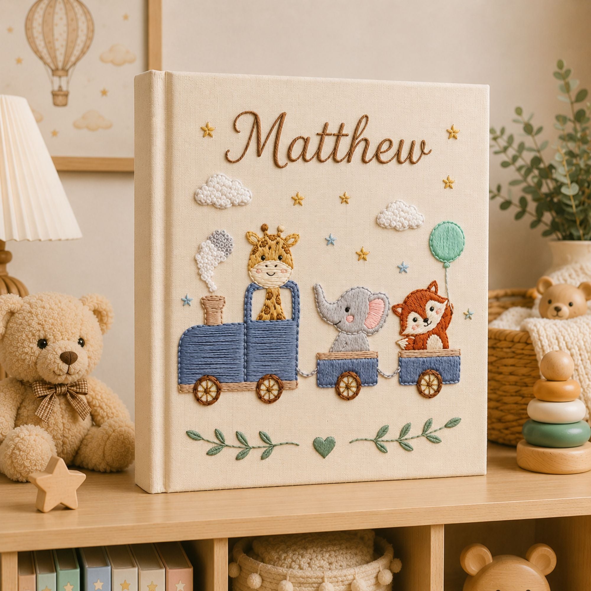 Hand Embroidered Safari Train Baby Photo Album, Linen Keepsake Baby Memory Book, Custom Newborn Airplane Baby Photo Album, Baby Shower Gift
