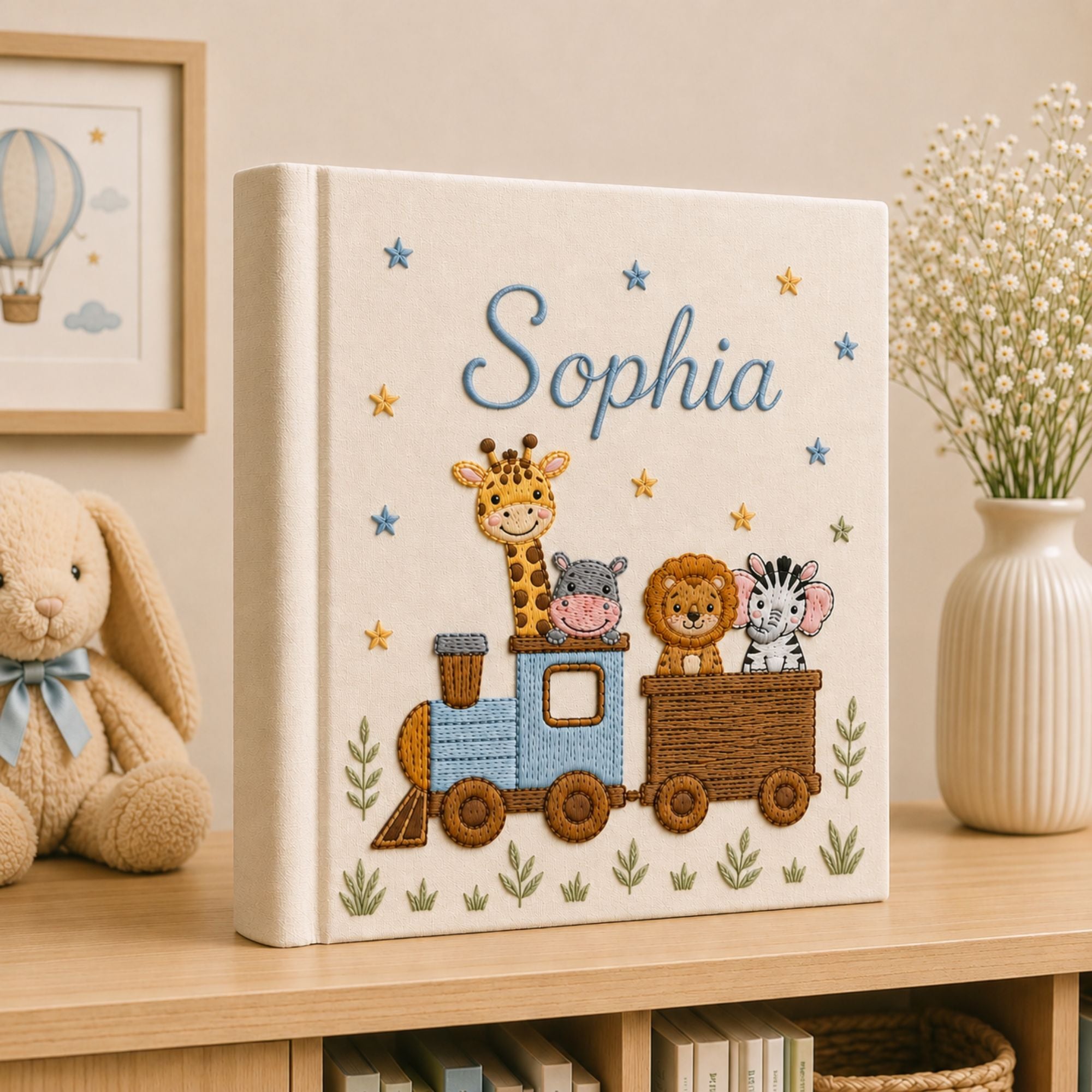 Hand Embroidered Safari Train Baby Photo Album, Linen Keepsake Baby Memory Book, Custom Newborn Airplane Baby Photo Album, Baby Shower Gift
