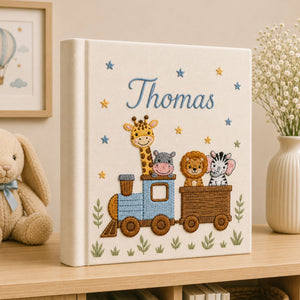 Hand Embroidered Safari Train Baby Photo Album, Linen Keepsake Baby Memory Book, Custom Newborn Airplane Baby Photo Album, Baby Shower Gift