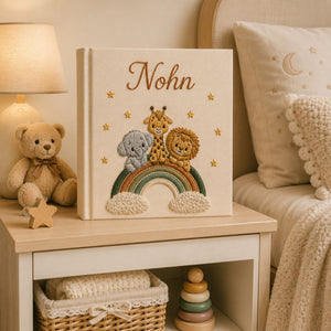 Personalized Embroidered Safari Hot Air Balloon Baby Photo Album, Linen Keepsake Baby Book, Custom Animal Nursery Album, Baby Shower Gift