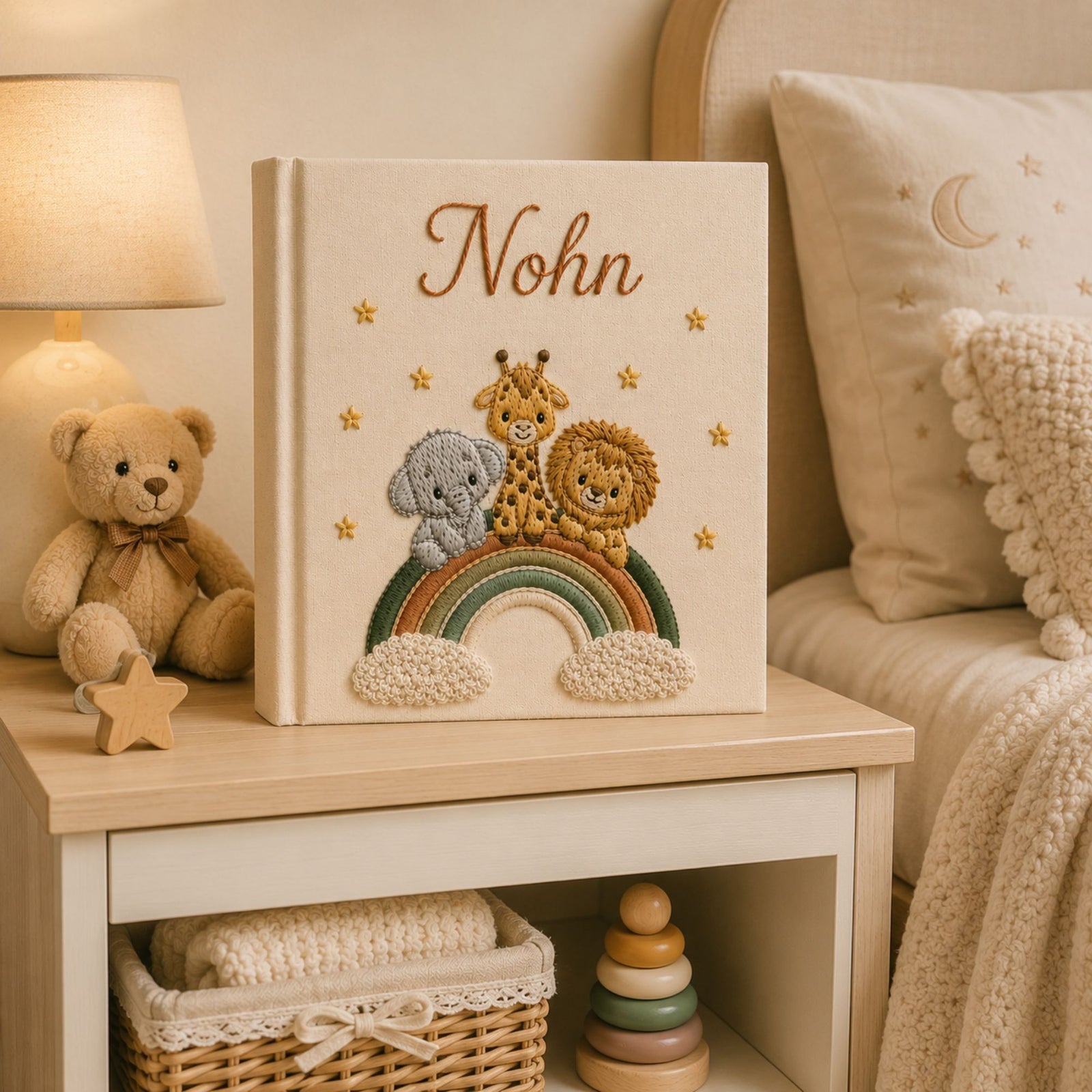 Personalized Embroidered Safari Hot Air Balloon Baby Photo Album, Linen Keepsake Baby Book, Custom Animal Nursery Album, Baby Shower Gift