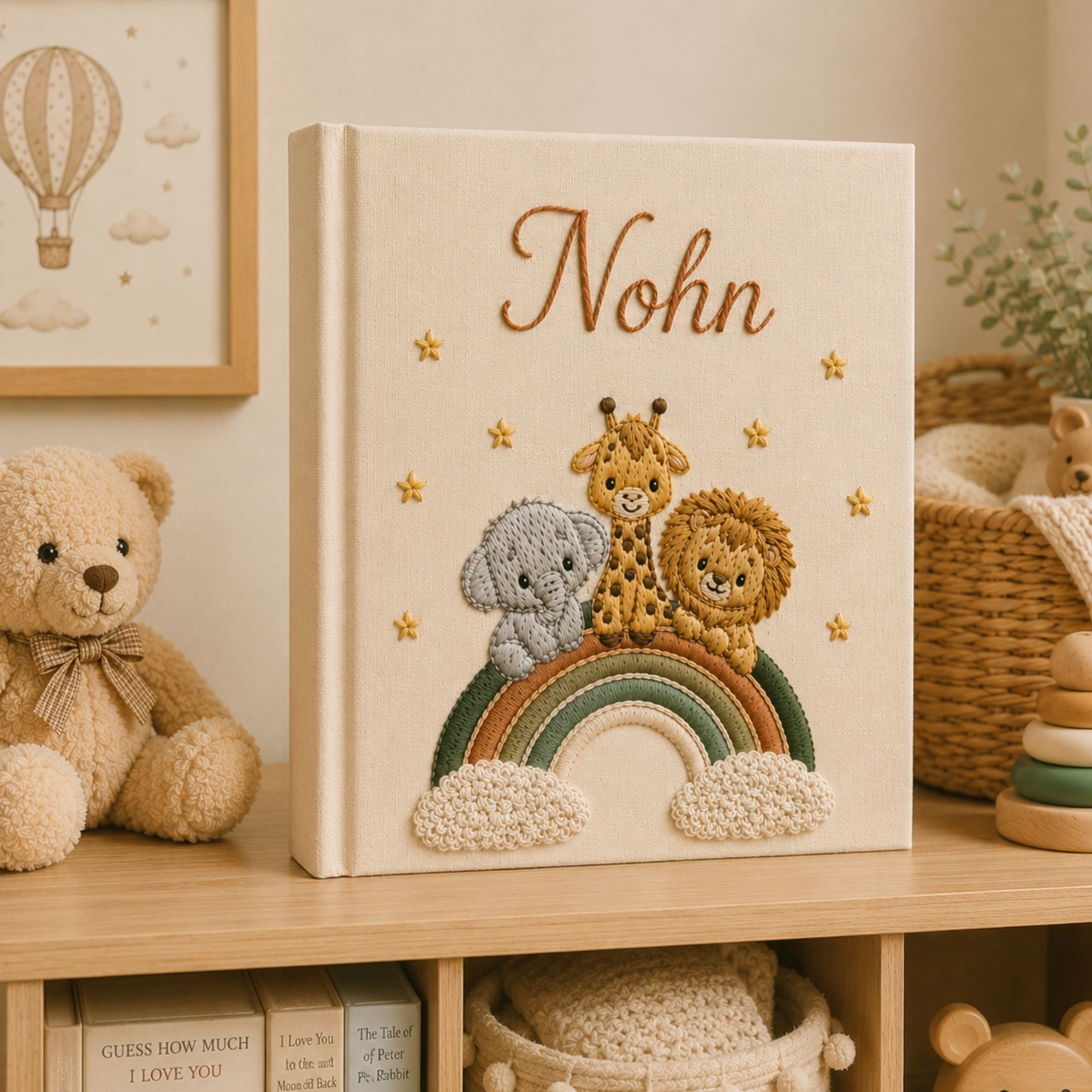 Personalized Embroidered Safari Hot Air Balloon Baby Photo Album, Linen Keepsake Baby Book, Custom Animal Nursery Album, Baby Shower Gift
