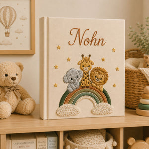 Personalized Embroidered Safari Hot Air Balloon Baby Photo Album, Linen Keepsake Baby Book, Custom Animal Nursery Album, Baby Shower Gift
