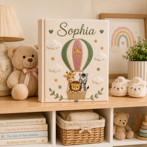 Personalized Embroidered Safari Hot Air Balloon Baby Photo Album, Linen Keepsake Baby Book, Custom Animal Nursery Album, Baby Shower Gift