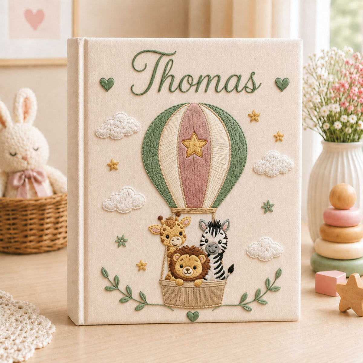 Personalized Embroidered Safari Hot Air Balloon Baby Photo Album, Linen Keepsake Baby Book, Custom Animal Nursery Album, Baby Shower Gift
