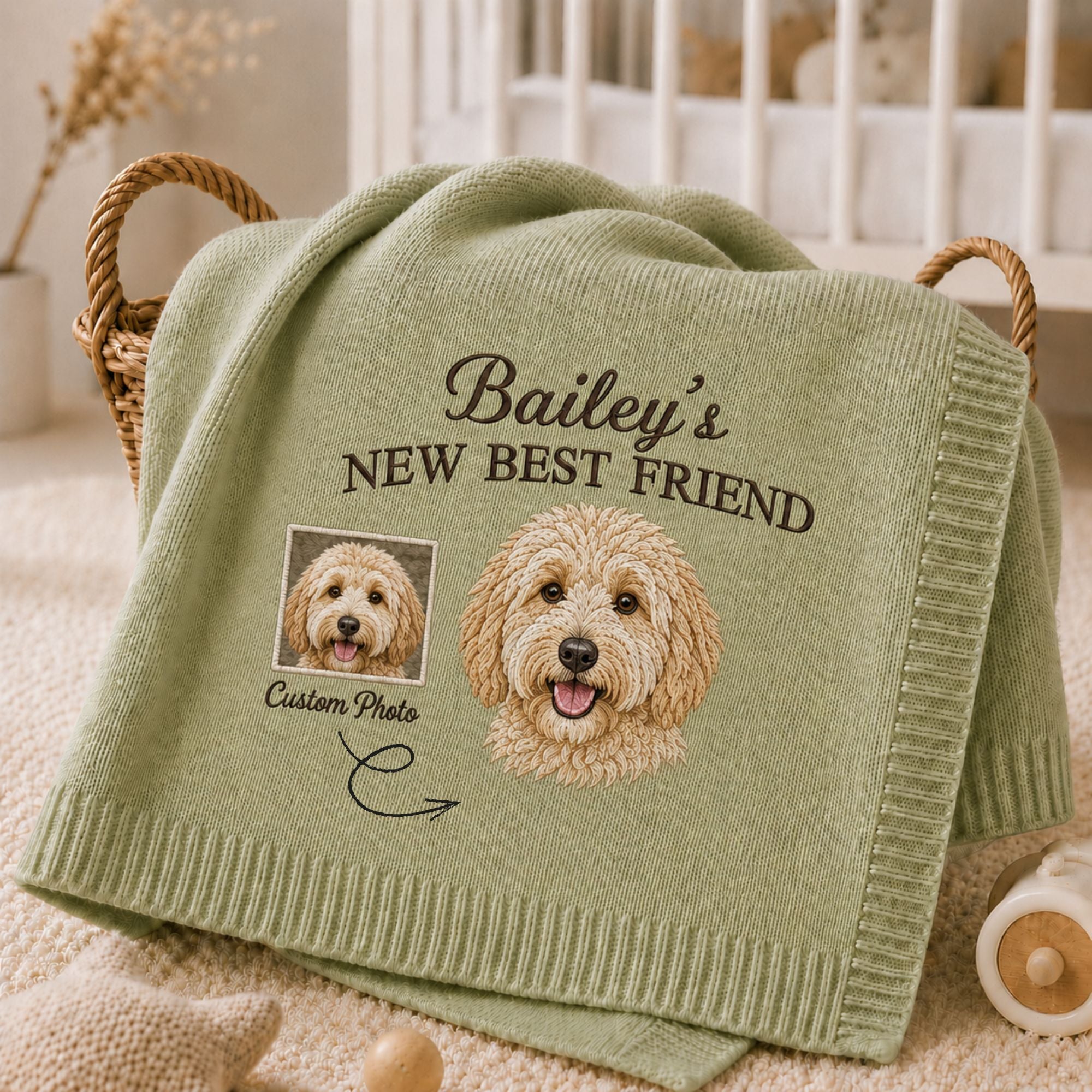 Custom Embroidered Dog Portrait Baby Blanket, Personalized Pet Photo Nursery Blanket, New Best Friend Pregnancy Gift, Baby Shower Gift