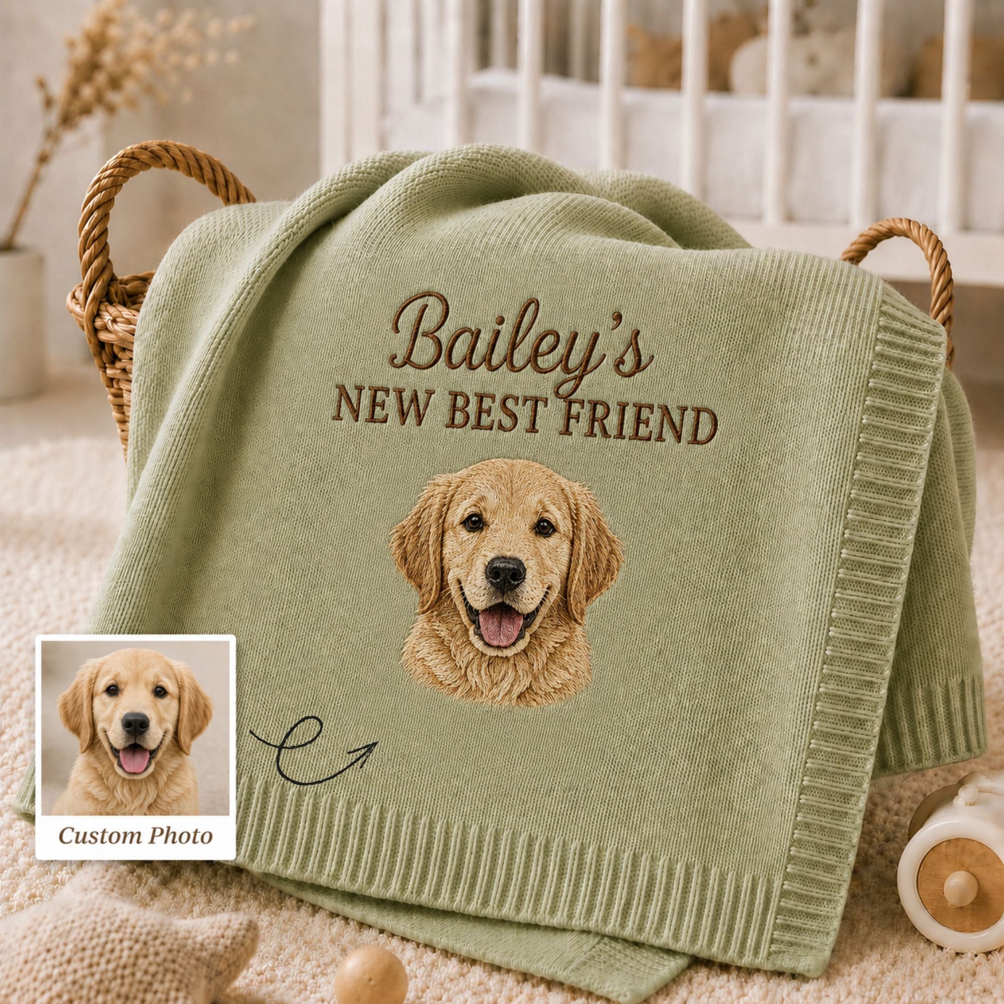 Custom Embroidered Dog Portrait Baby Blanket, Personalized Pet Photo Nursery Blanket, New Best Friend Pregnancy Gift, Baby Shower Gift