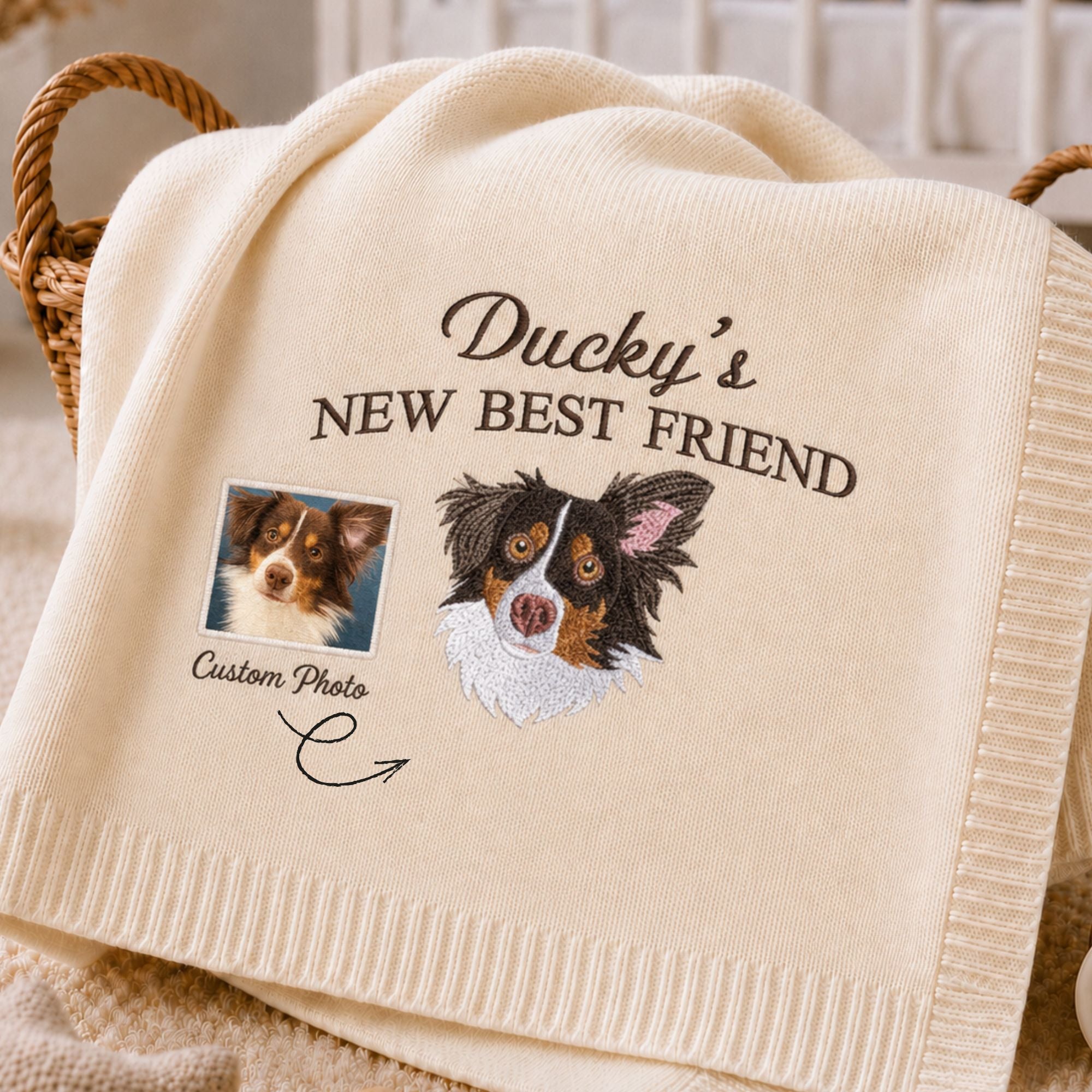 Custom Embroidered Dog Portrait Baby Blanket, Personalized Pet Photo Nursery Blanket, New Best Friend Pregnancy Gift, Baby Shower Gift