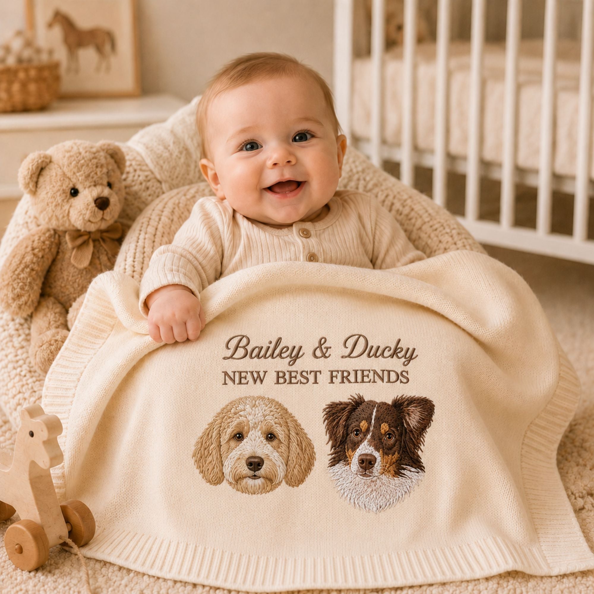 Custom Embroidered Dog Portrait Baby Blanket, Personalized Pet Photo Nursery Blanket, New Best Friend Pregnancy Gift, Baby Shower Gift
