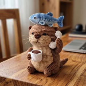 Crochet Otter Plush with Fish Hat and Coffee Cup, Handmade Amigurumi Animal Toy, Cute Kawaii Gift for Kids & Collectors, Sizes 4-12 Inches
