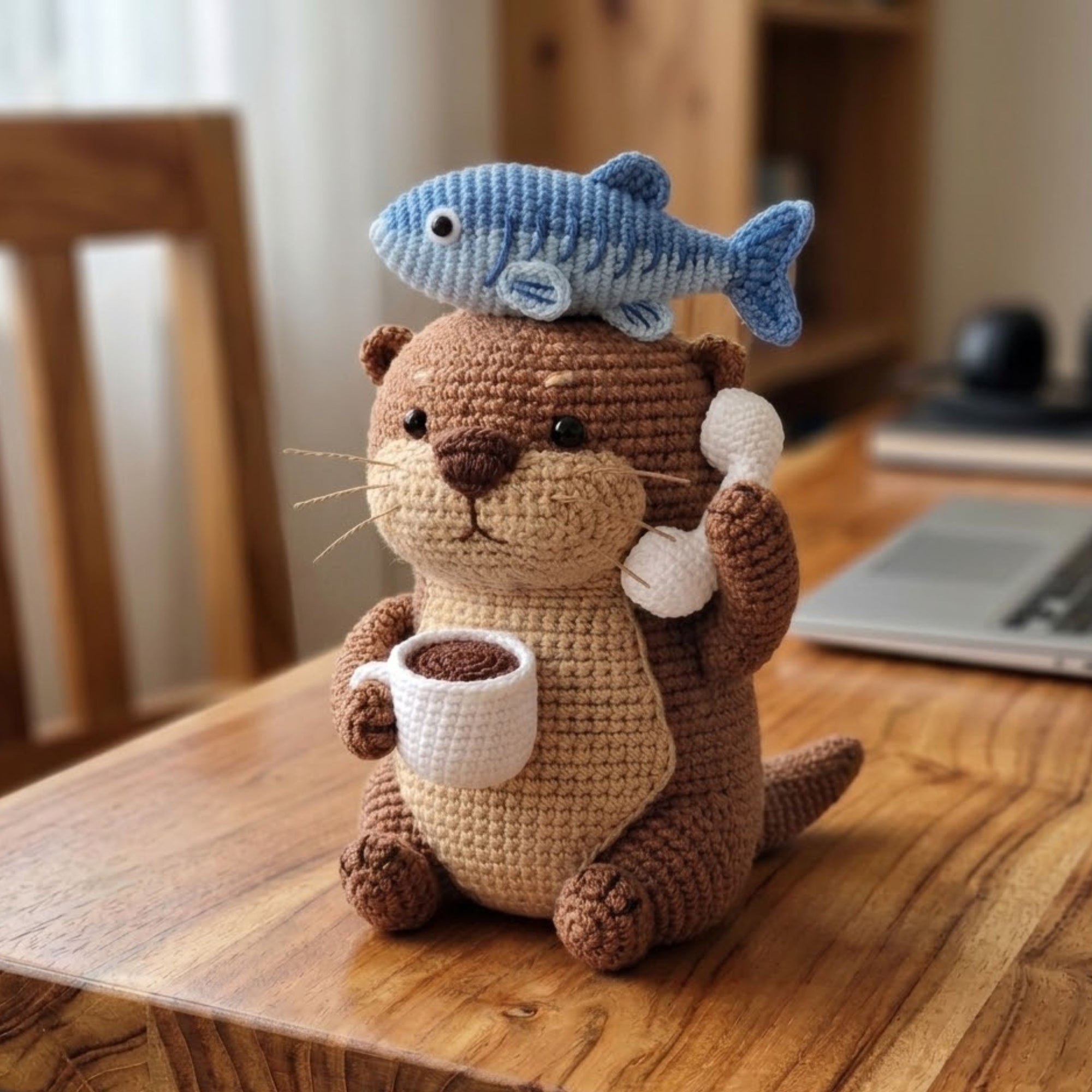 Crochet Otter Plush with Fish Hat and Coffee Cup, Handmade Amigurumi Animal Toy, Cute Kawaii Gift for Kids & Collectors, Sizes 4-12 Inches