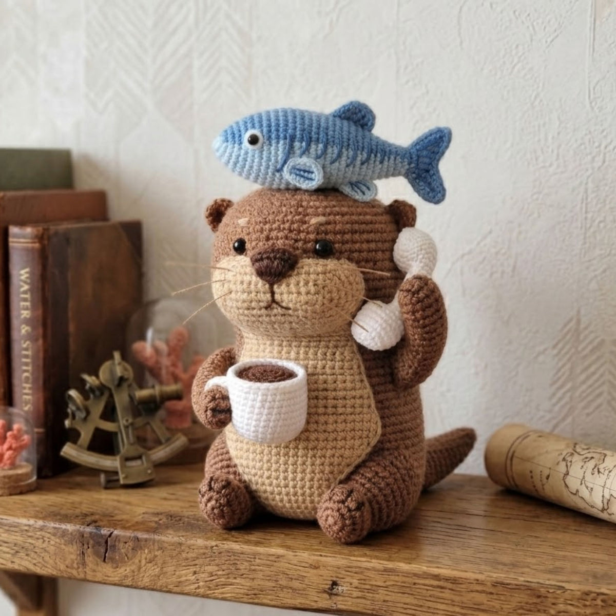 Crochet Otter Plush with Fish Hat and Coffee Cup, Handmade Amigurumi Animal Toy, Cute Kawaii Gift for Kids & Collectors, Sizes 4-12 Inches