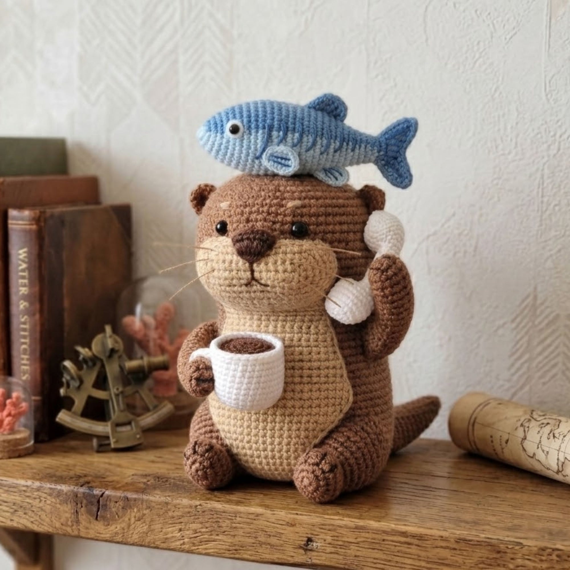 Crochet Otter Plush with Fish Hat and Coffee Cup, Handmade Amigurumi Animal Toy, Cute Kawaii Gift for Kids & Collectors, Sizes 4-12 Inches
