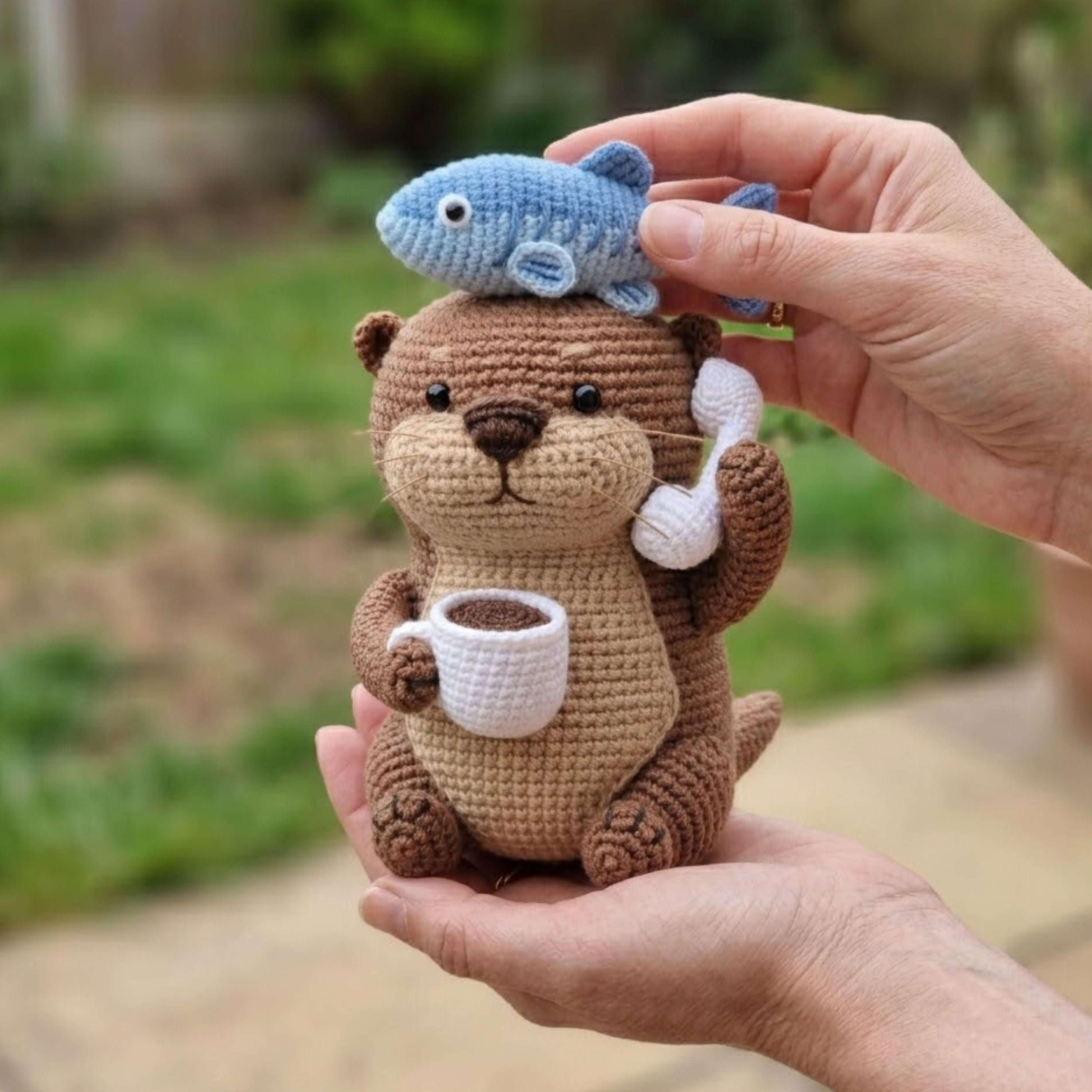 Crochet Otter Plush with Fish Hat and Coffee Cup, Handmade Amigurumi Animal Toy, Cute Kawaii Gift for Kids & Collectors, Sizes 4-12 Inches