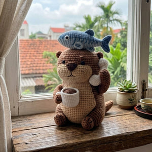 Crochet Otter Plush with Fish Hat and Coffee Cup, Handmade Amigurumi Animal Toy, Cute Kawaii Gift for Kids & Collectors, Sizes 4-12 Inches