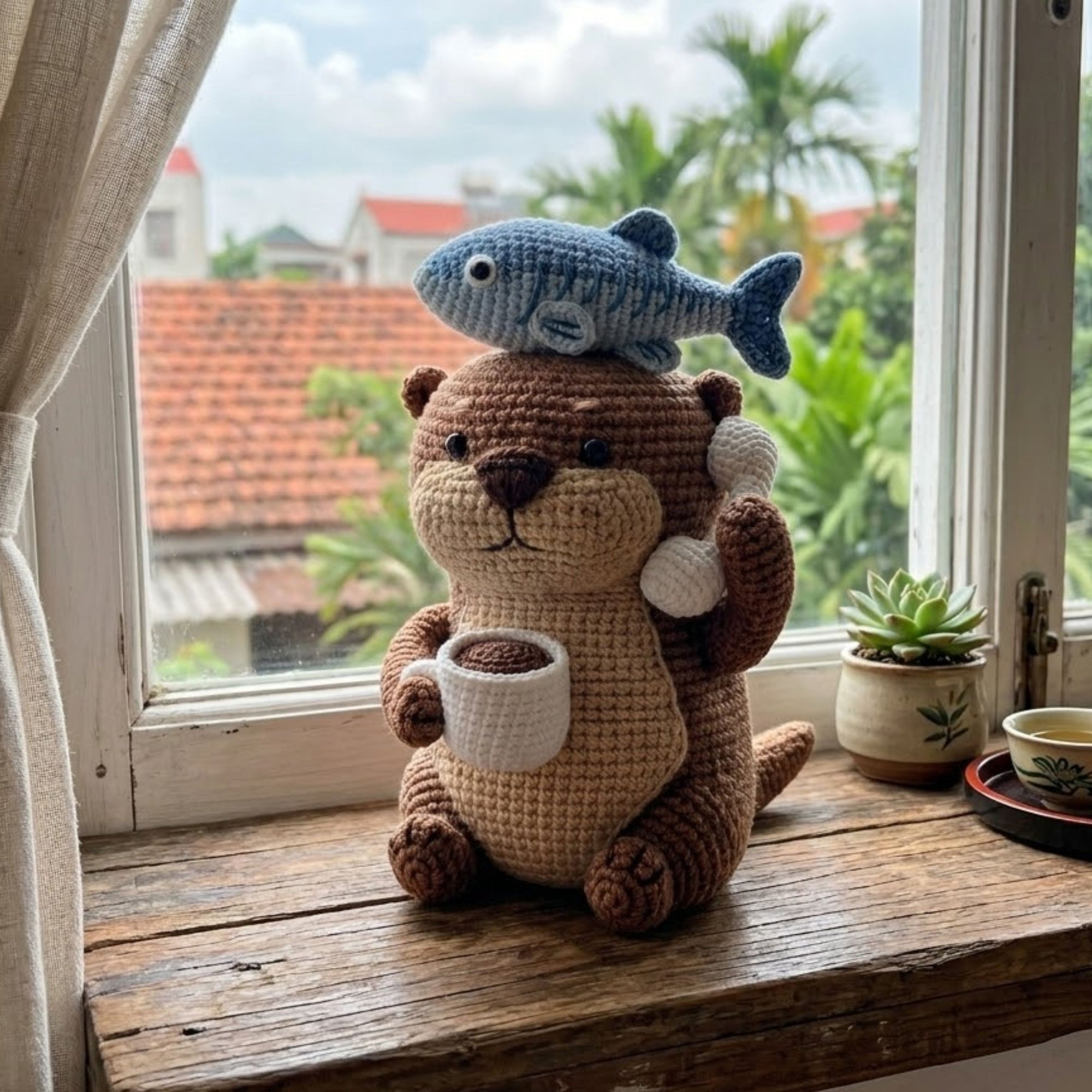Crochet Otter Plush with Fish Hat and Coffee Cup, Handmade Amigurumi Animal Toy, Cute Kawaii Gift for Kids & Collectors, Sizes 4-12 Inches