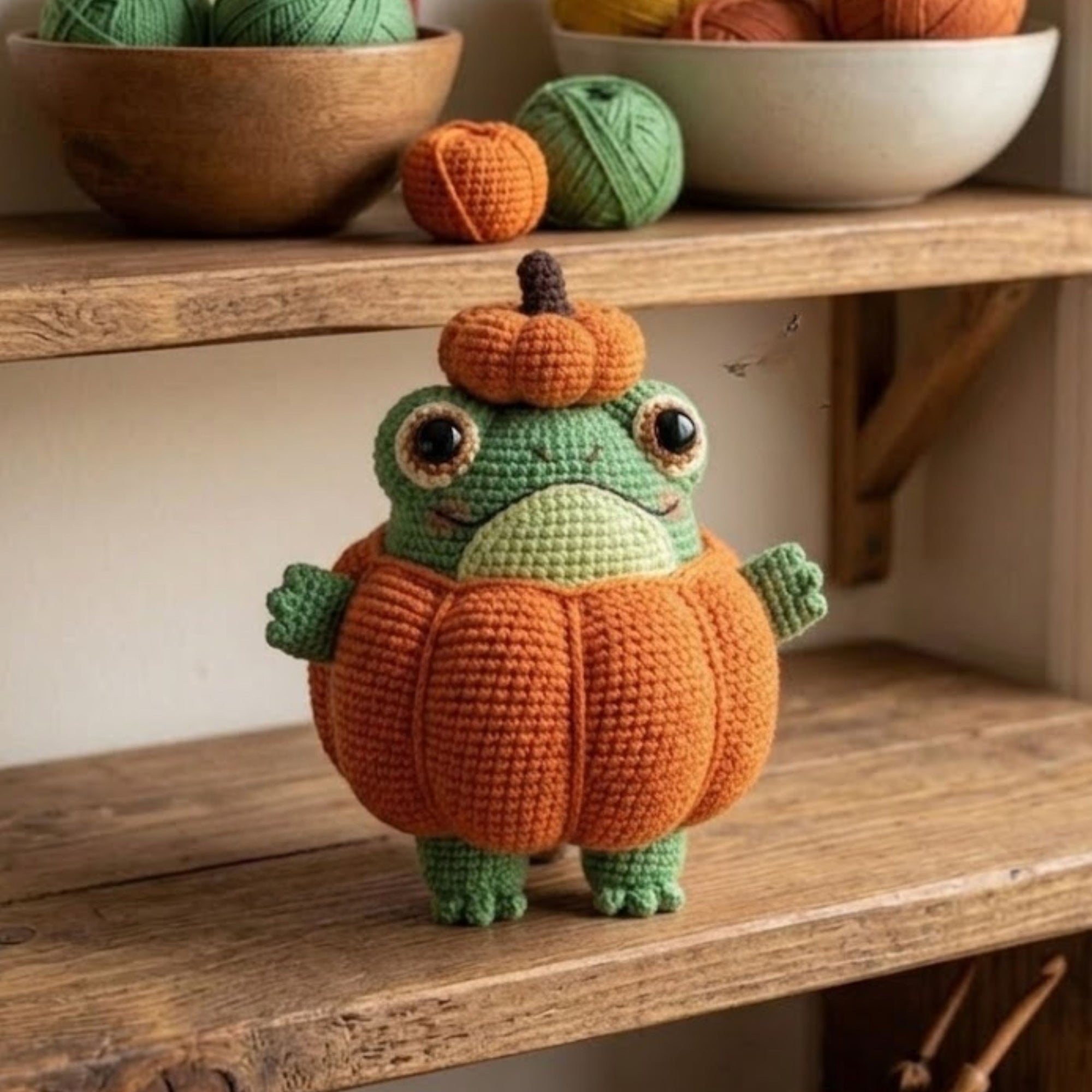 Crochet Frog Pumpkin Plush, Handmade Amigurumi Halloween Frog Toy, Cute Kawaii Fall Decor Gift for Kids, Collectors, Nursery Room, 4-12in