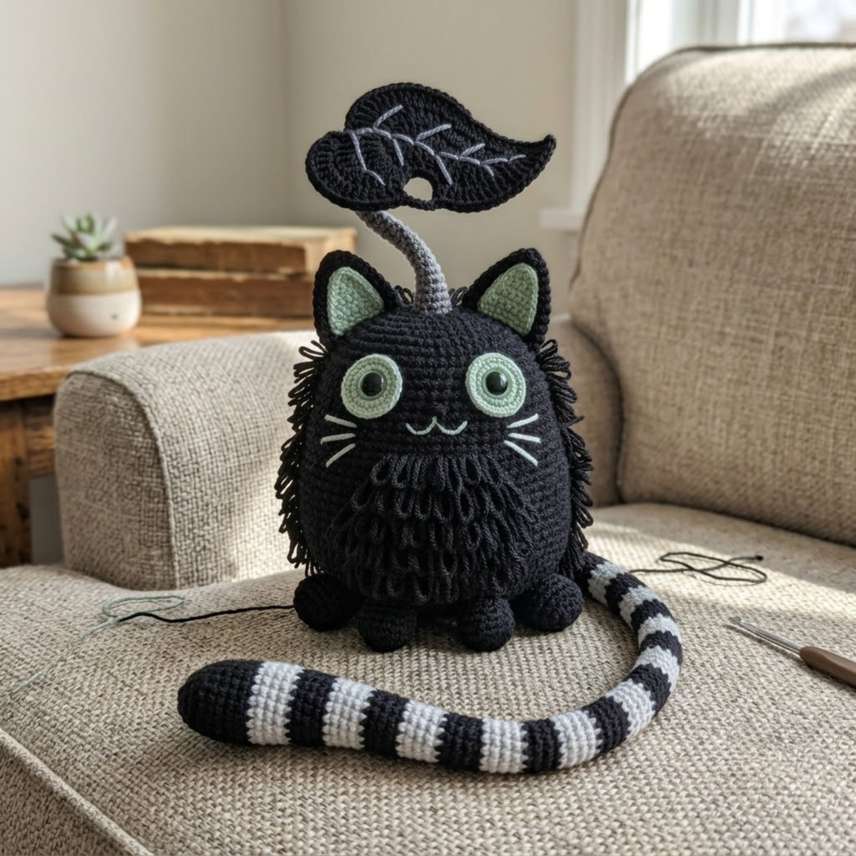 Cute Crochet Black Cat Doll Plush, Kawaii Amigurumi Cat Toy, Handmade Halloween Decor Gift, Soft Gothic Cat Plush Sizes 4-12in for Nursery