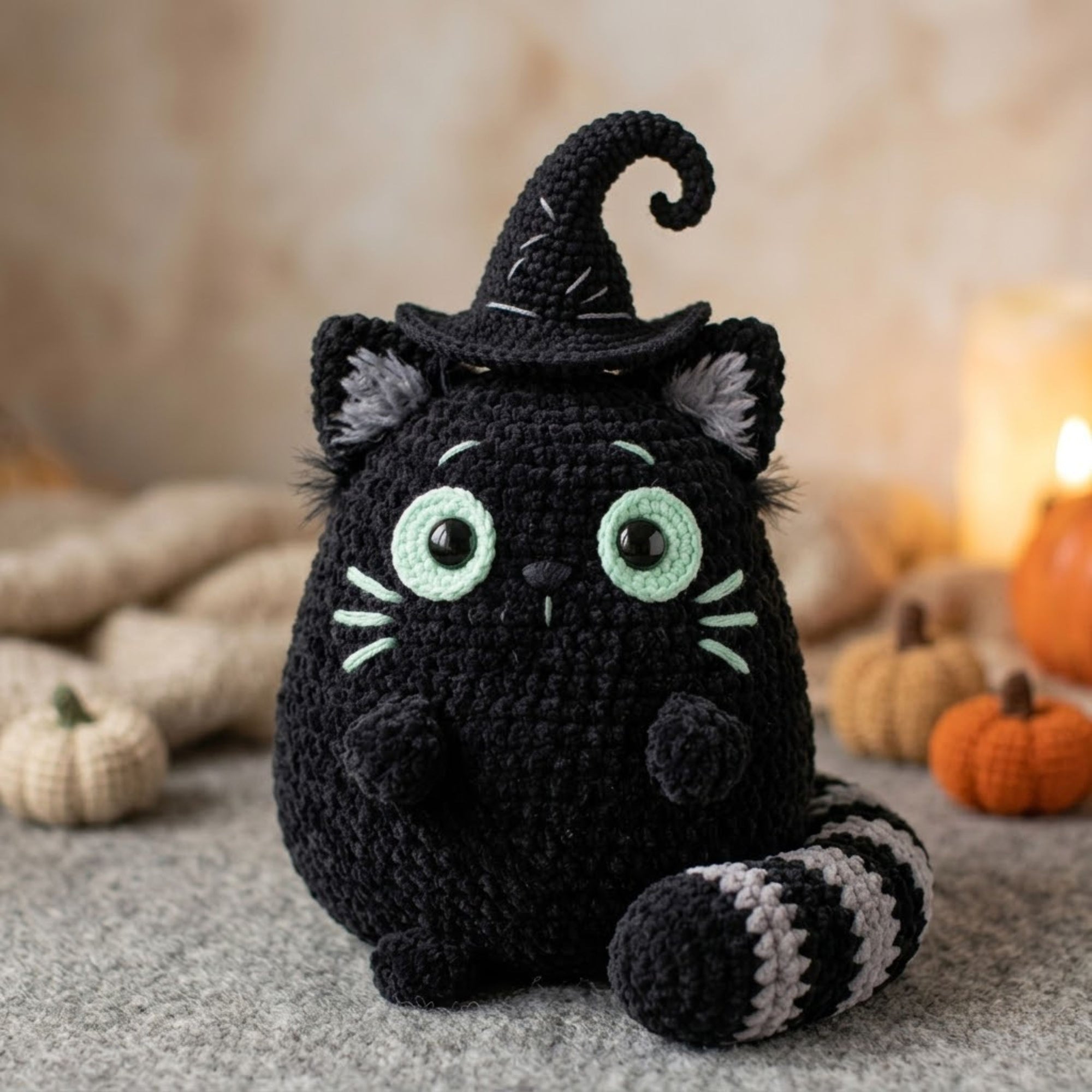 Cute Crochet Witch Cat Plush, Kawaii Amigurumi Black Cat Doll, Handmade Halloween Decor Gift, Soft Spooky Cat Toy Sizes 4-12in for Nursery