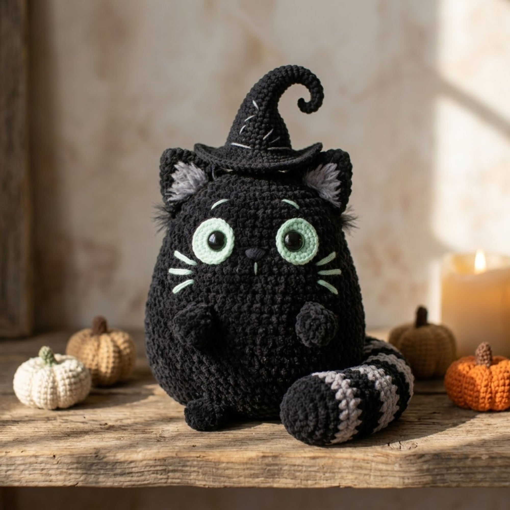Cute Crochet Witch Cat Plush, Kawaii Amigurumi Black Cat Doll, Handmade Halloween Decor Gift, Soft Spooky Cat Toy Sizes 4-12in for Nursery