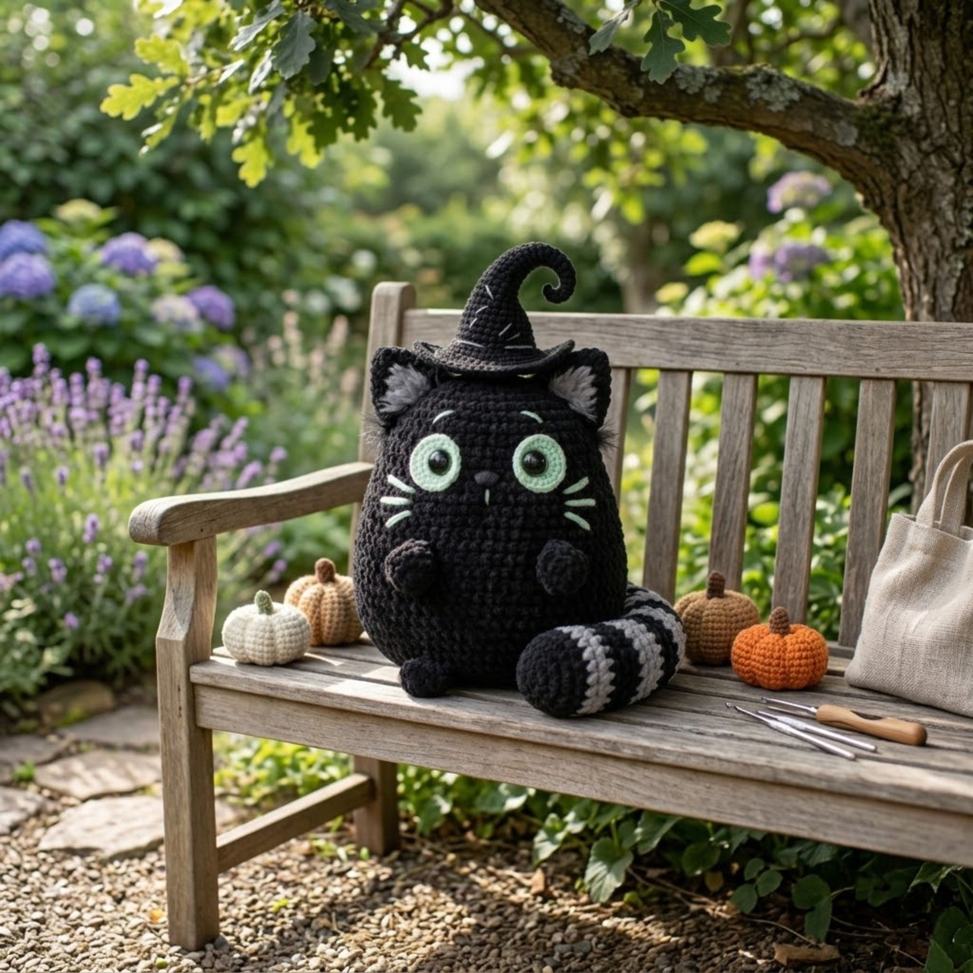 Cute Crochet Witch Cat Plush, Kawaii Amigurumi Black Cat Doll, Handmade Halloween Decor Gift, Soft Spooky Cat Toy Sizes 4-12in for Nursery