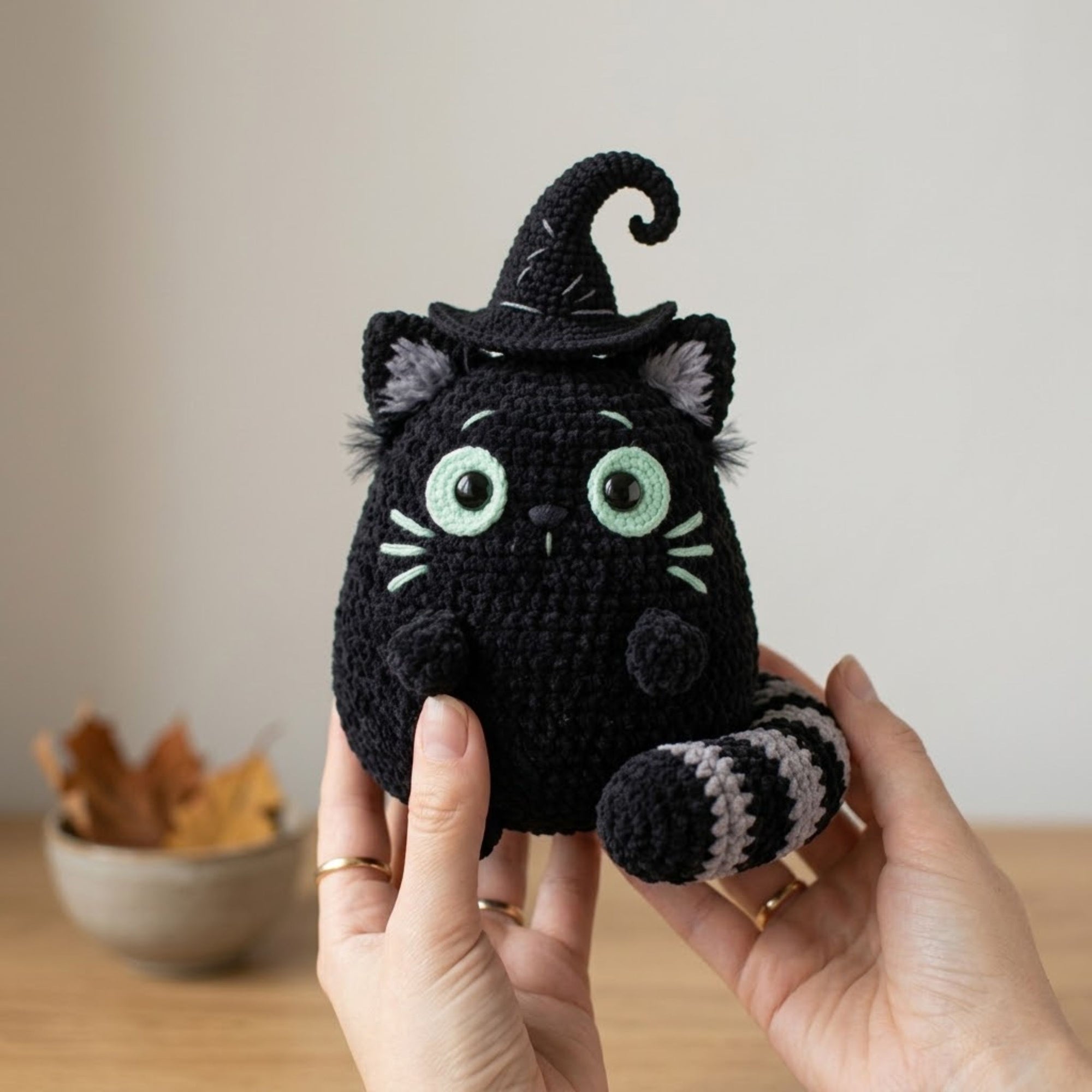 Cute Crochet Witch Cat Plush, Kawaii Amigurumi Black Cat Doll, Handmade Halloween Decor Gift, Soft Spooky Cat Toy Sizes 4-12in for Nursery