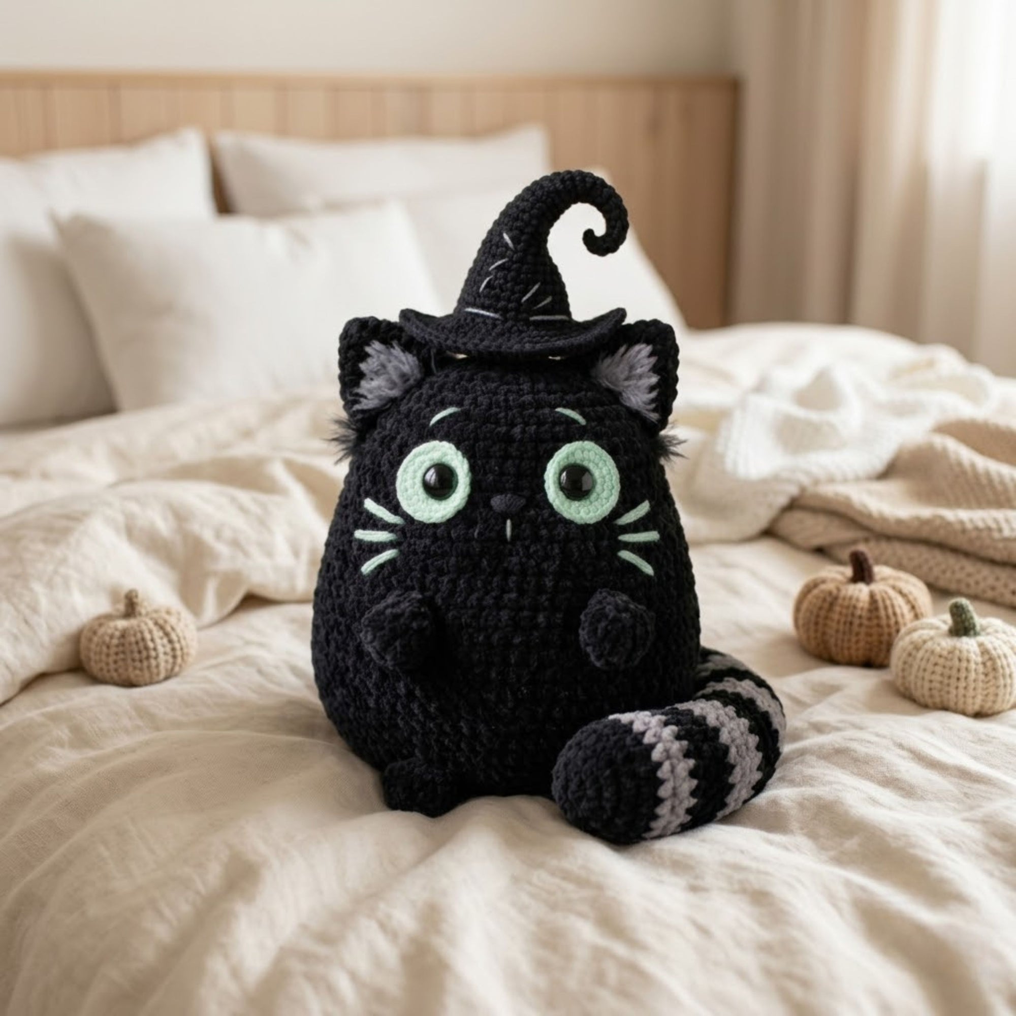 Cute Crochet Witch Cat Plush, Kawaii Amigurumi Black Cat Doll, Handmade Halloween Decor Gift, Soft Spooky Cat Toy Sizes 4-12in for Nursery