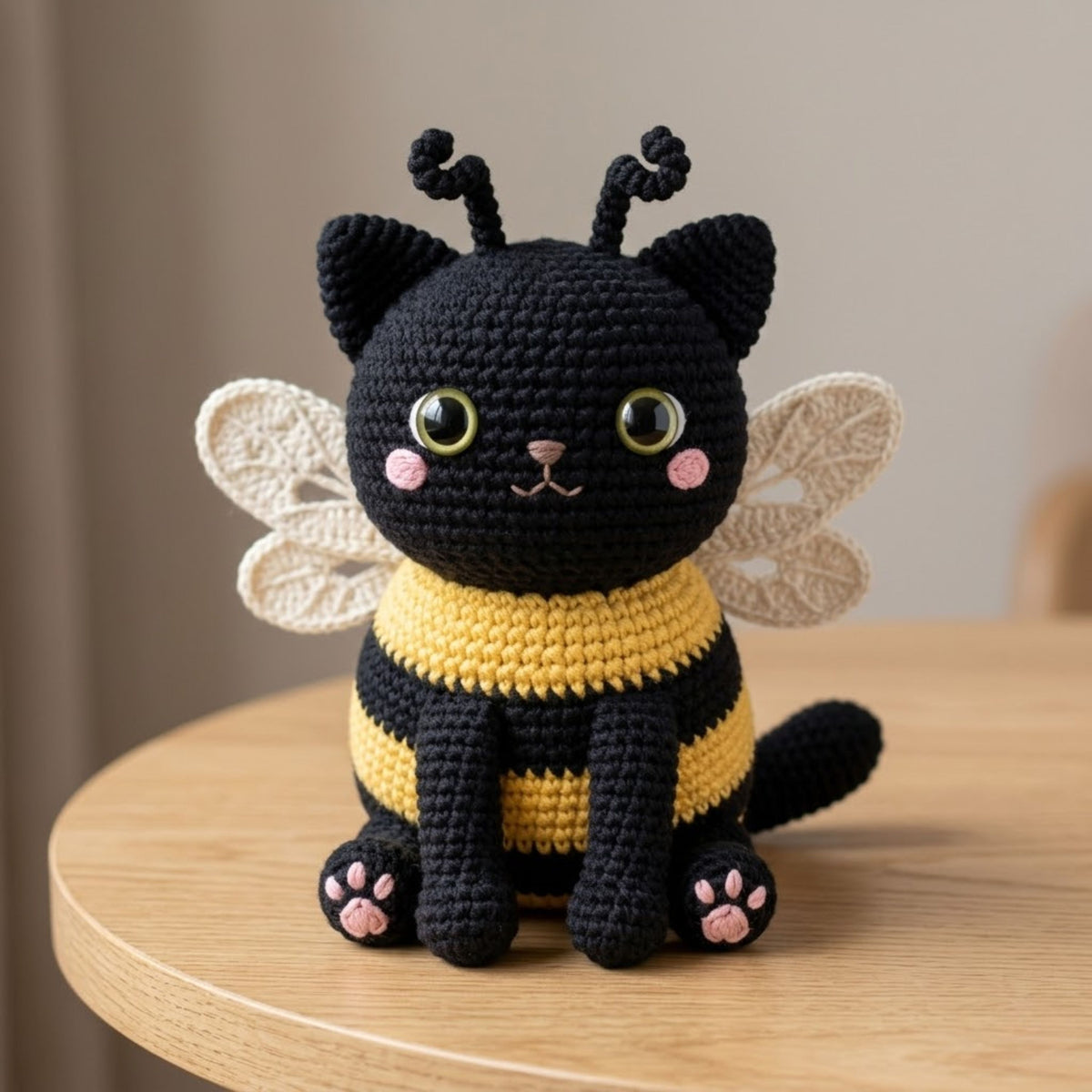 Cute Crochet Bee Cat Plush, Kawaii Amigurumi Black Cat Doll, Handmade Bumblebee Kitten Gift, Nursery Decor Toy Sizes 4-12in