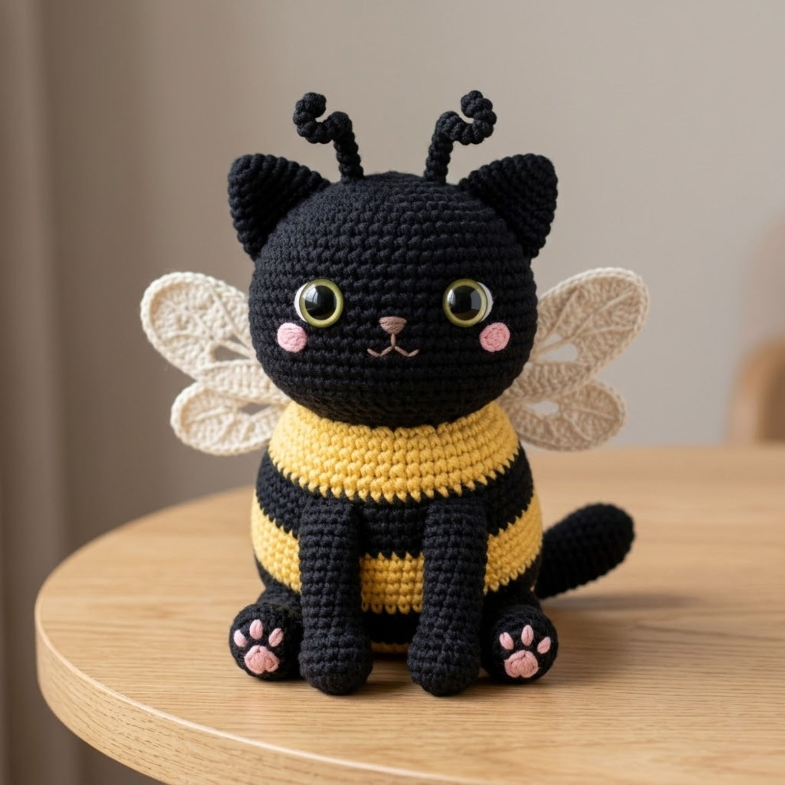 Cute Crochet Bee Cat Plush, Kawaii Amigurumi Black Cat Doll, Handmade Bumblebee Kitten Gift, Nursery Decor Toy Sizes 4-12in