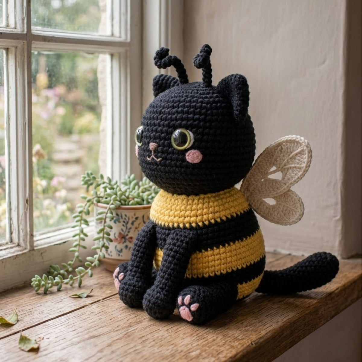 Cute Crochet Bee Cat Plush, Kawaii Amigurumi Black Cat Doll, Handmade Bumblebee Kitten Gift, Nursery Decor Toy Sizes 4-12in