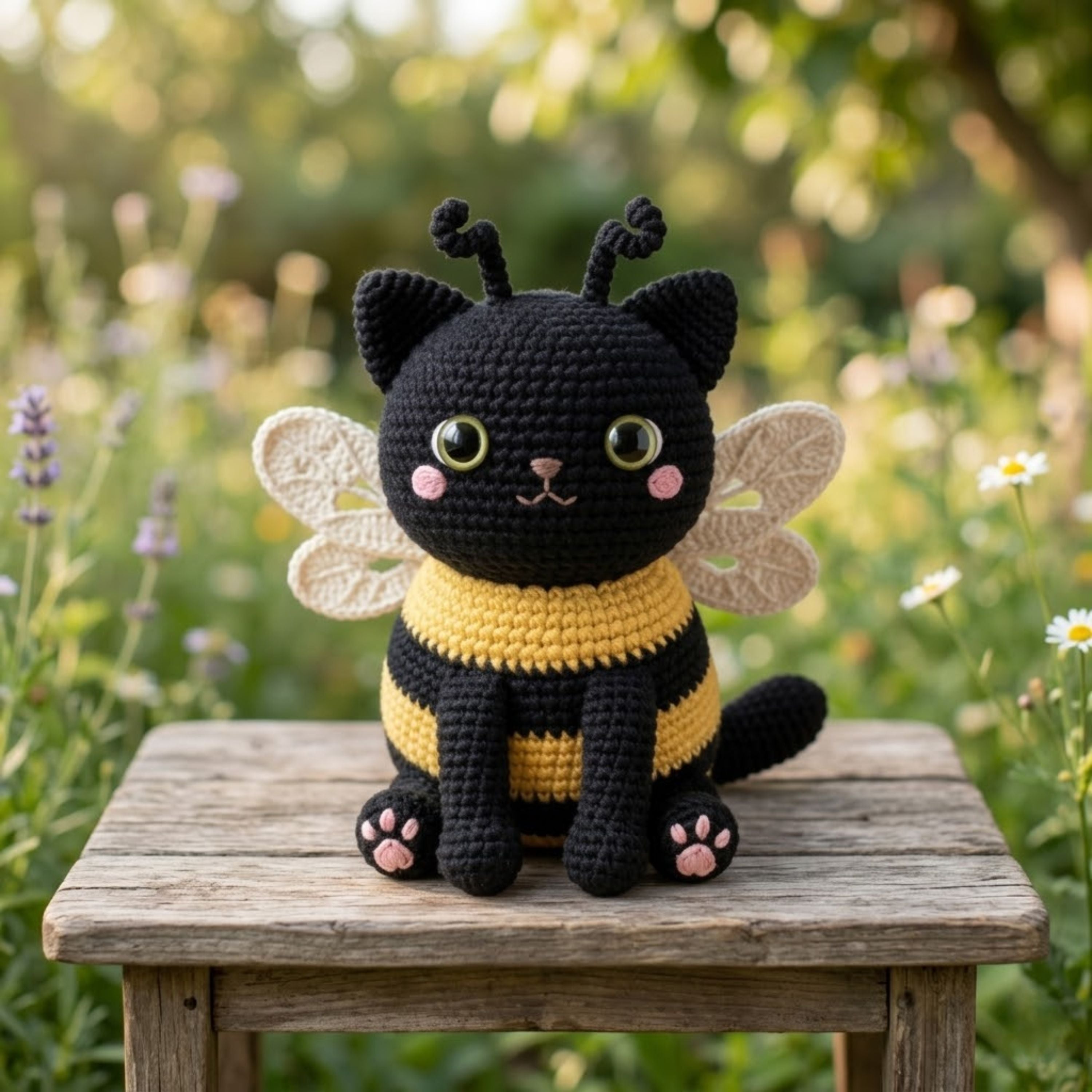 Cute Crochet Bee Cat Plush, Kawaii Amigurumi Black Cat Doll, Handmade Bumblebee Kitten Gift, Nursery Decor Toy Sizes 4-12in