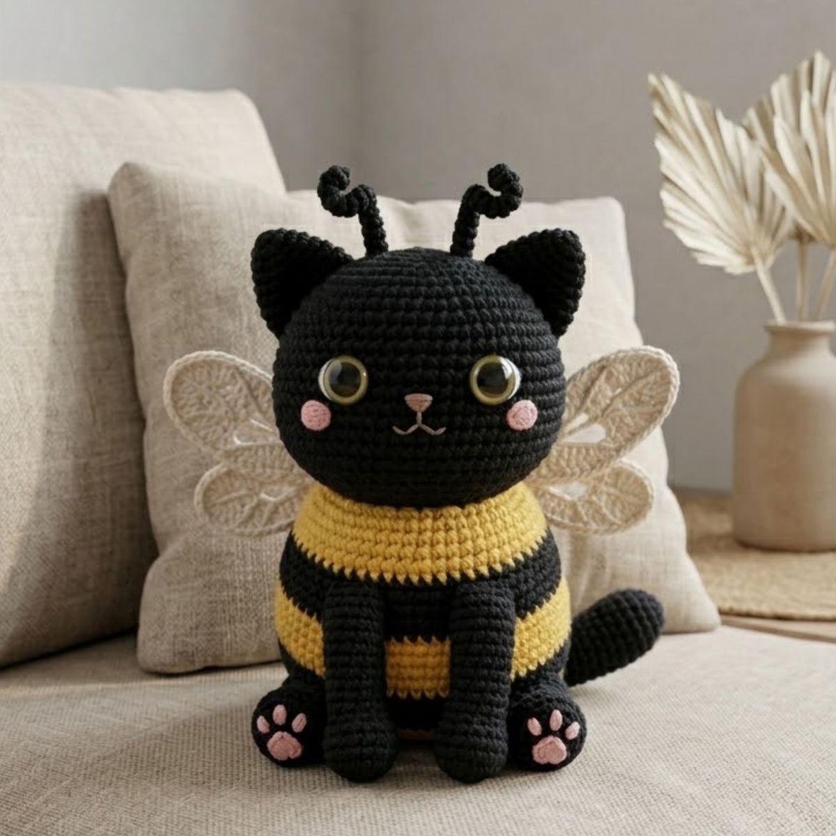 Cute Crochet Bee Cat Plush, Kawaii Amigurumi Black Cat Doll, Handmade Bumblebee Kitten Gift, Nursery Decor Toy Sizes 4-12in