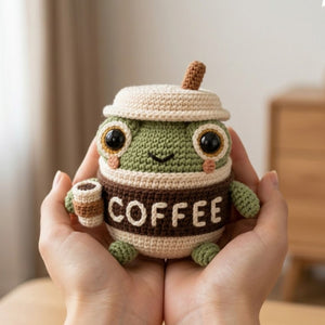 Crochet Frog Coffee Plush, Handmade Amigurumi Frog Cup Toy with Mini Coffee, Cute Kawaii Gift for Kids, Collectors, Desk Decor, Sizes 4-12in