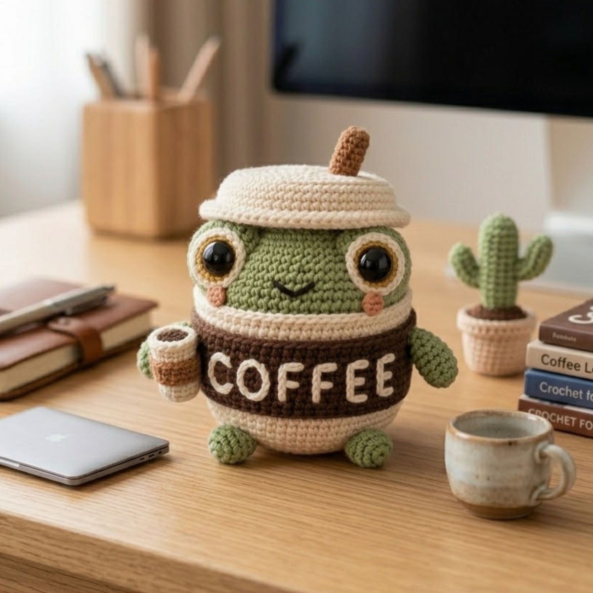 Crochet Frog Coffee Plush, Handmade Amigurumi Frog Cup Toy with Mini Coffee, Cute Kawaii Gift for Kids, Collectors, Desk Decor, Sizes 4-12in