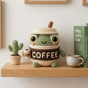 Crochet Frog Coffee Plush, Handmade Amigurumi Frog Cup Toy with Mini Coffee, Cute Kawaii Gift for Kids, Collectors, Desk Decor, Sizes 4-12in
