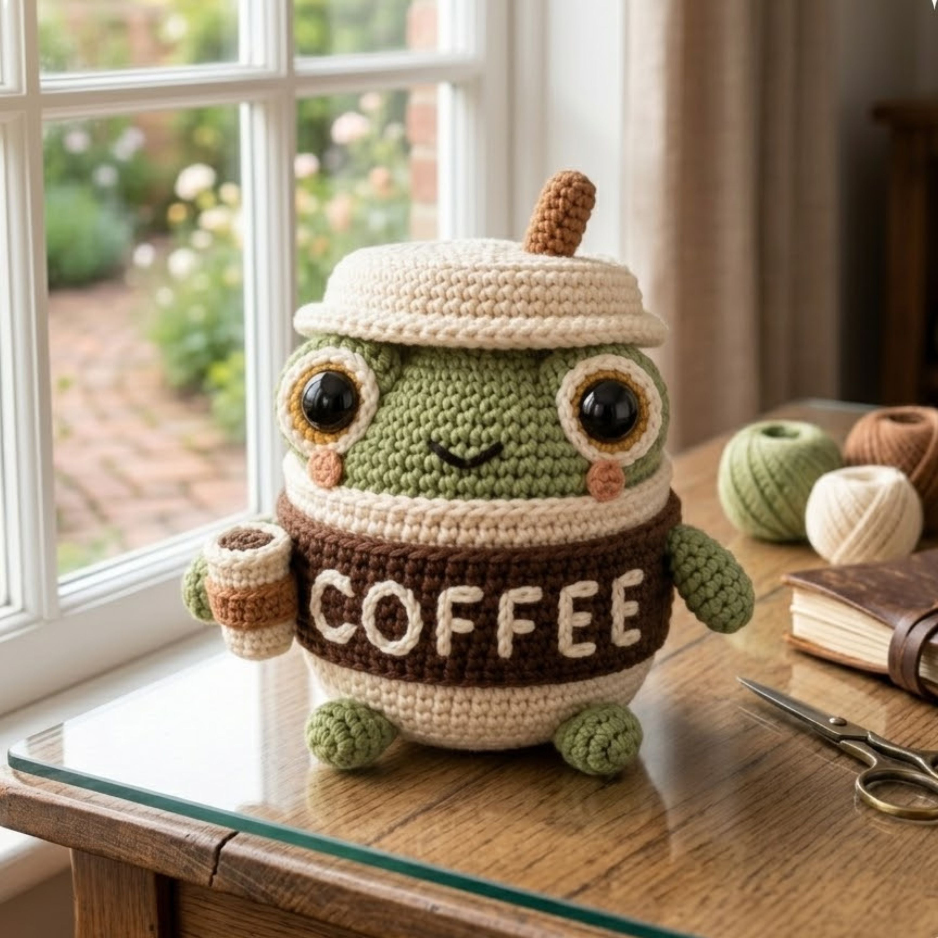 Crochet Frog Coffee Plush, Handmade Amigurumi Frog Cup Toy with Mini Coffee, Cute Kawaii Gift for Kids, Collectors, Desk Decor, Sizes 4-12in